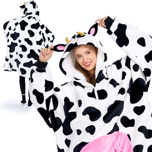 Image of Giggling Getup Wearable Blanket Hoodie for Women and Men Sherpa Fleece Hooded Blanket Sweatshirt Warm Cozy Sherpa Wearable Throw Oversized Hoodie with Giant Pocket & Sleeves for Adult Cow