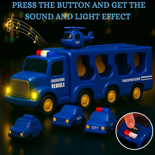 Image of GRAPHENE 5-in-1 Pull Back Friction-Powered City Truck Set Light & Music Montessori Carrier Educational Vehicle Mini Helicopter Taxi Toy Boys & Girls Fun Birthday Gift for Kids Ages 3+8years
