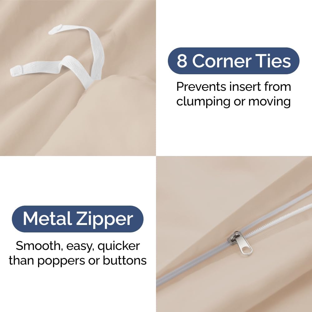 Queen Size Flat Bed Sheet + Comforter + Duvet Cover Set and 2 Extra Pillowcases Bundle - Hotel Luxury Quality Flat Sheet - Fits Mattresses with Deep Pockets Between 8 to 16 inches - Oeko-Tex - Cream