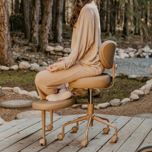 Pipersong Meditation Cross Legged Chair PRO ADHD Chair with Height Adjustable Backrest Criss Cross Desk Use with Footrest and Wheels for Home Office Flexible Design for Fidgety Sitters Tan