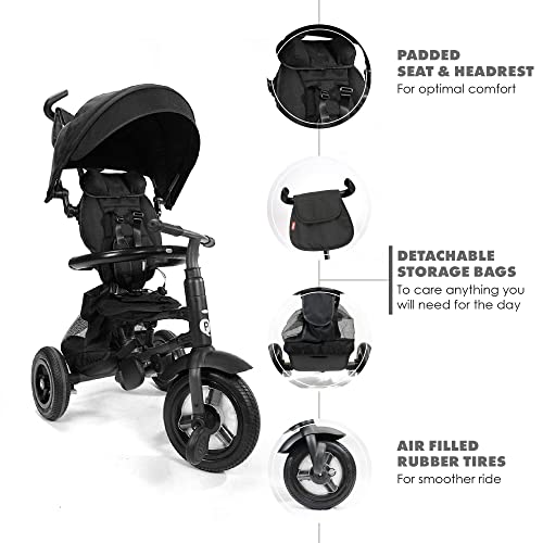 Image of POSH BABY & KIDS QPlay Rito Toddler Tricycle with 3-Stages - Premium Push Trike Featuring Easy Storage & Transportability, Safety Harness, Adjustable Canopy & Parent Handle (Ages 1-5, Black)