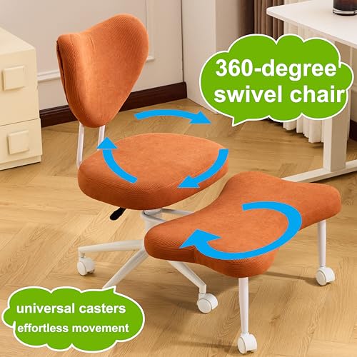 Image of Ergonomic Cross Legged Office Chair with Wheels, ADHD Chair for Adults, Meditation Chair, Yoga Office Chair, Comfortable Back Support, Height Adjustable,Small Spaces,Corduroyr-Orange