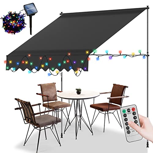 Daromigo Klemmmarkise mit Solar Bunt LED Lichterkette, 200x120cm Balkonmarkise ohne Bohren mit Handkurbel, Höhenverstellbar, UV-beständig Sonnenschutz, Terrassenüberdachung, Grau Daromigo Klemmmarkise mit Solar Bunt LED Lichterkette, 200x120cm Balkonmarkise ohne Bohren mit Handkurbel, Höhenverstellbar, UV-beständig Sonnenschutz, Terrassenüberdachung, Grau