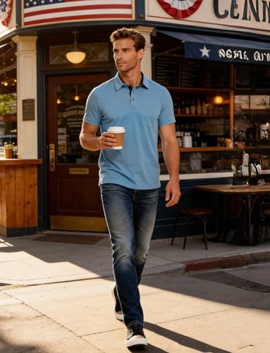 Polo para Hombre Casual de Seda con Manga Corta, Clásico, Estilo Empresarial, Cuello con Solapa, Bolsillo, Camiseta para Golf miniatura 2