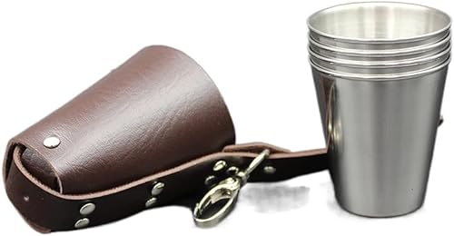 4 vasos de chupito de acero inoxidable de 2.3 onzas2.4 fl oz con funda de piel sintética y llavero, recipiente para beber, pequeño vaso de viaje