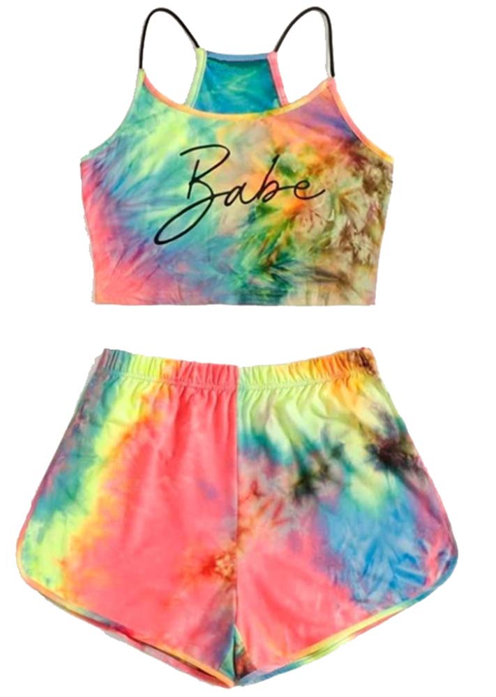 HuanHaoYuGirl's Sports Shorts Suit Tie dye Letter Printing Rainbow Colors Off The Shoulder Sling Vest Top+Sports Shorts