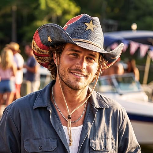 Image of Keilin Straw Cowboy Hat for Women and Men - American Flag Patriotic USA Western Hat 4th July Cowgirl Country Rodeo