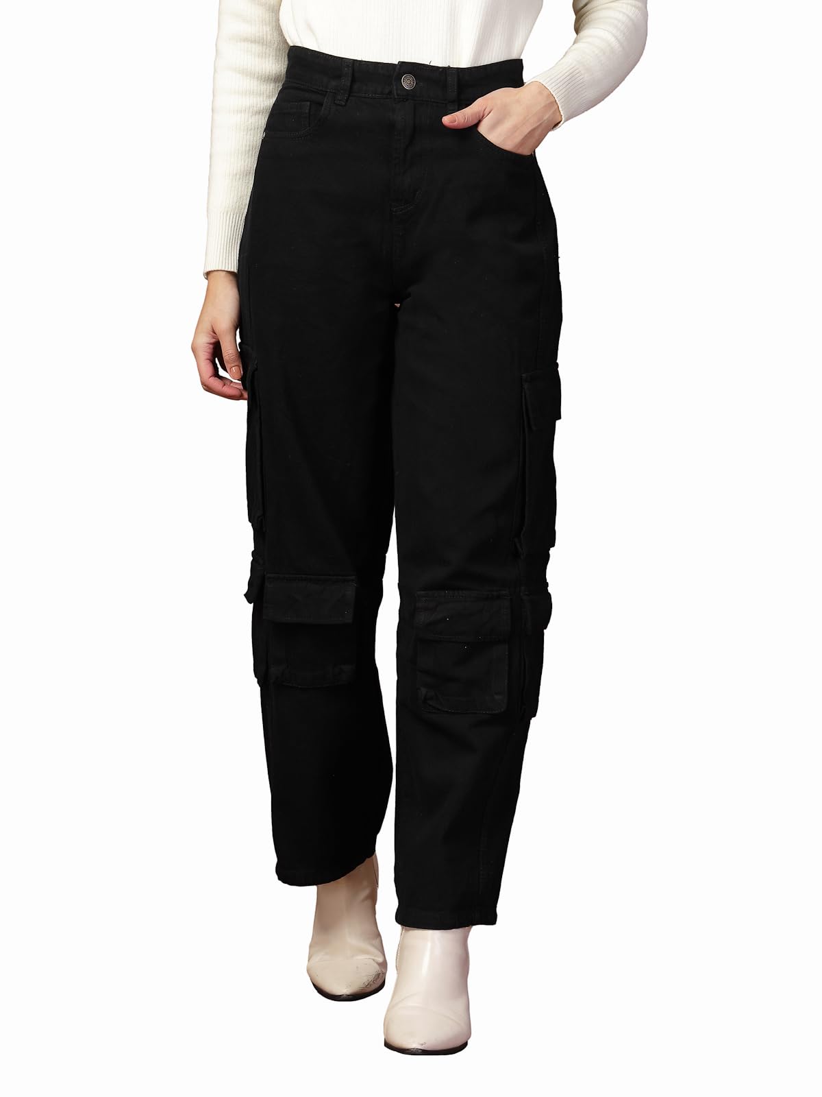 Black Cargo Jeans for Women High Waist Straight Cargo Pants with Multiple Pockets-image-48