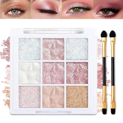 Glitter Eyeshadow Palette Includes Brushes, 9 Colors Ice-Snow Effect Shimmer, Silky Cream Texture, Highly Pigmented & Waterproof, Long Lasting Sparkling Eye Shadow Makeup for Women