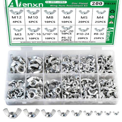 Image of 200PCS Wing Nuts Assortment Kit, Metric & SAE Sizes- M3 -M12, #6-32 to 3 /8 inch-16 Zinc Plated Wingnuts Fasteners, Parts Butterfly Wing Nut