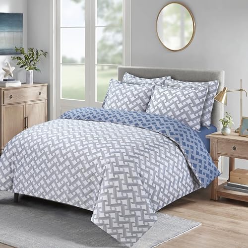 Majestic Giftware Madison Linen 6-Piece King Size Bedding Set (BL106-K) | Diamond Braid Blue Gray 300 TC Cotton Sateen Durable & Washable | 1 Fitted Sheet, 1 Duvet, 4 Pillowcases