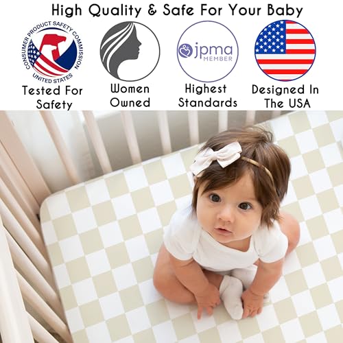 Image of Sweet Jojo Designs Fitted Baby Crib Sheets (Beige Gingham Checkered) for Boys or Girls, Infant Nursery, Toddler Room - Standard Size (Gender Neutral, Plaid, Vintage, Modern, Check, Unisex, Tan Taupe)