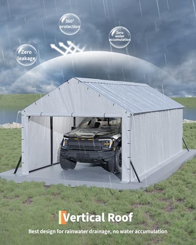 Image of GarveeLife 11'x20'x9' Vertical Roof Metal Carport, Enclosed Car Ports with Heavy Duty Steel Frame, for All-Weather, for Full-Size Pickup Trucks, Boats, and Tractors