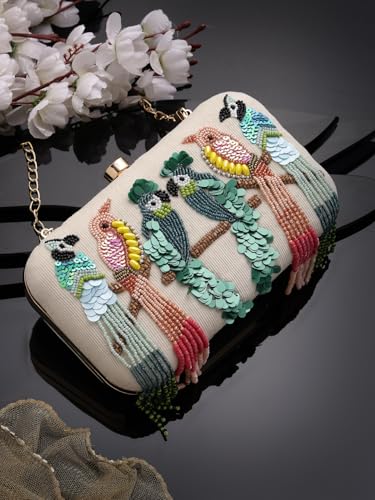 Image of Anekaant Adorn Off White & Multi Embellished Corduroy Clutch | Perfect for Bridal, Festive | Party Purse for Women & Girls