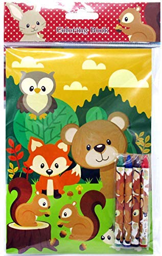 Woodland Animals Coloring Book Set with Crayons Party Favor, 12 Pack