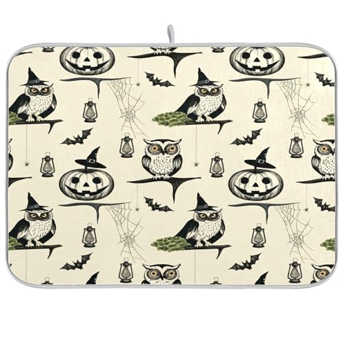 JUMBEAR Tapete de secado de platos, calabaza y búho, secado rápido, base absorbente para máquina de café, suela de goma antideslizante, tapete de secado absorbente para cocina, fregadero de 16 x 18