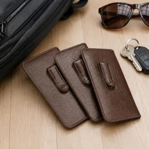 Image of Calabria Soft Slip-In Glasses Case with Pocket Belt Metal Clip Brown for Men /Women Synthetic Leather Felt Lining 6.5 inchx3 inch - 12PACK