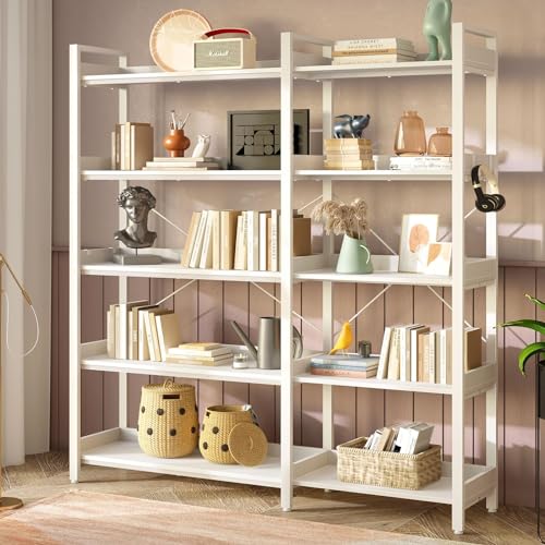 Rolanstar BC017-WE166-RR Bookshelf 5 Tier With 4 Hooks, Reversible Corner Bookshelf, 65 Inch Industrial Wooden Bookcase With Open Shelves And Metal Frame For Living Room, Bedroom, Home Office, White thumb #3