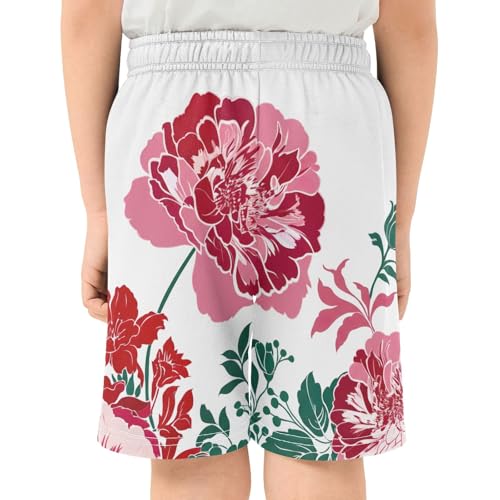 CHIFIGNO Red Pink Flowers Breathable Pull-On Kids Shorts, Knee-Length School Boys Beach Shorts XS3