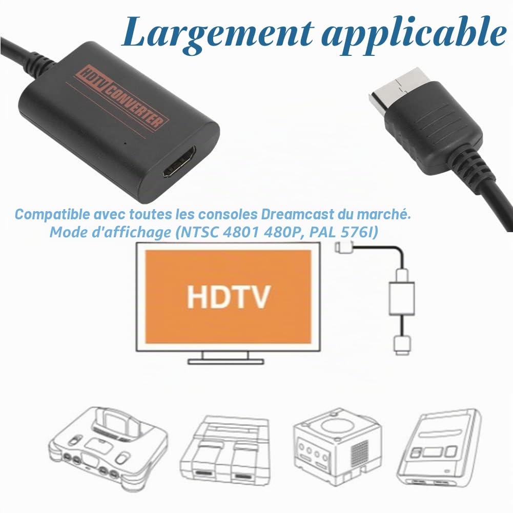 Cuifati Adaptateur HDMI pour Dreamcast Dreamcast vers HDMI Adaptateur DC Console Plug and Play Dreamcast VGA vers HDMI convertisseur pour Dreamcast