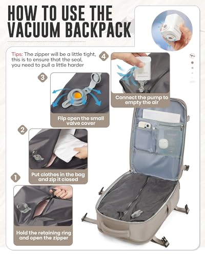 Image of Vacuum Backpack with Pump for Women Men, Compression Backpack for Travel, Vacpack for School Business Trip, Lightweight Airback Backpacks with Vacuum Seal, Carry On Bag for Airport( Gray Brown Large)