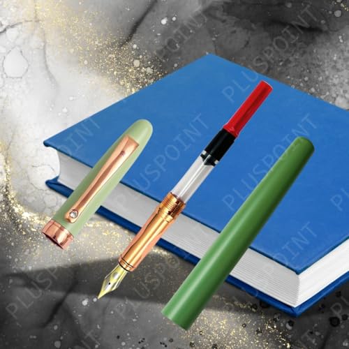 Image of PLUSPOINT Luxury Metal Body Fountain Pen Mat Green Finish Studded stone Clip, Iridium Nib, Rose Gold Trims, Include Ink Converter Gift Set for Men & Women, Executives