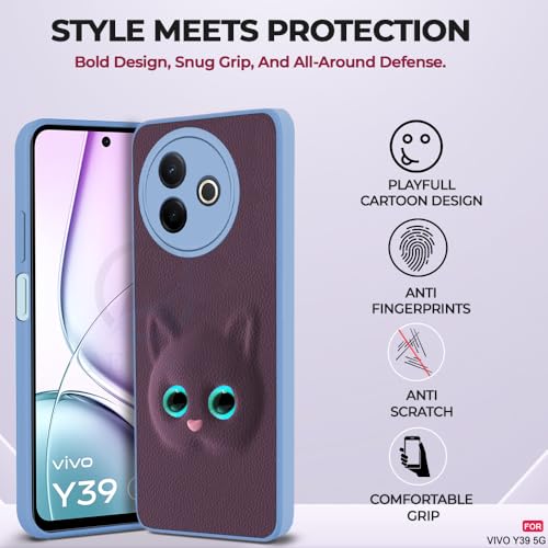 Image of AESTMO Back Case Cover for Vivo Y39 5G Back Cover | 3D Cat Cover | Leather Finish | Full Body Protection | Camera Protection Back Cover for Vivo Y39 5G (Purple)