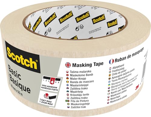 Scotch Abdeckband Basic, 48 mm x 50 m, Beige – Universal-Malerkrepp für Abklebearbeiten, Hochwertiges Kreppband für Malerarbeiten und Dekoration