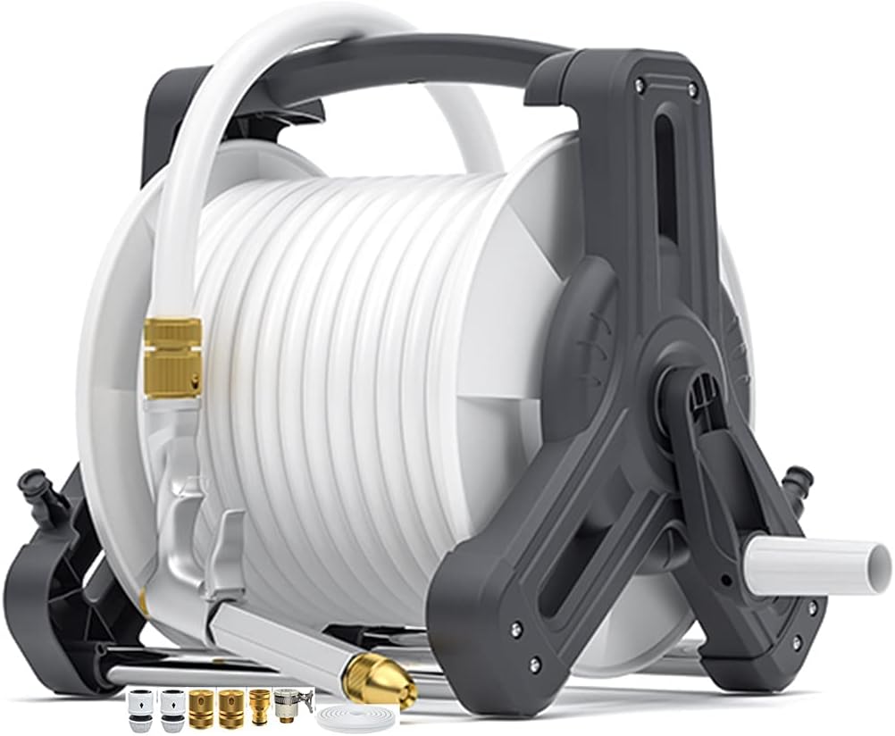 Garden Hose Reel Cart Small,Household Flushing Floor Hose Storage Rack, Outdoor Car Wash High Pressure Water Gun Hose Reel Car, Garden Irrigation Kit (Color : Gray, Size : +DN15 15m Pipe)