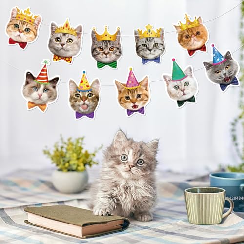 Image of Cat Birthday Banner Cat Birthday Decorations Cats Faces Garland Funny Birthdays Decor for Cats Themed Party Decorations Backdrop Baby Shower