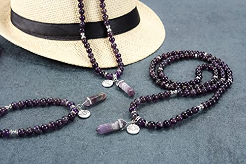 Jovivi 108 Mala Beads Bracelet 8mm Natural Amethyst Rose Quartz Healing Crystal Stone Mala Prayer Bead Necklace Hexagonal Prism Gemstone Reiki Pointed Pendant for Yoga Meditation Energy Balancing4