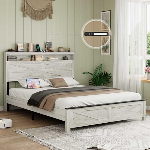 Image of Farmhouse Queen Size Wooden Bed Frame with Headboard, Rustic Wood Bedframe with LED Lights and Charging Station, Easy Assembly, No Box Spring Needed (Queen, White)