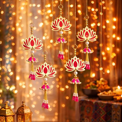 Image of Handcrafted Decorative Wall Decor Lotus Jhumki Hanging Ornament for Ganpati Diwali Navratri and Pooja Setup Home Entrance Mandir Temple Decor Pack of 6