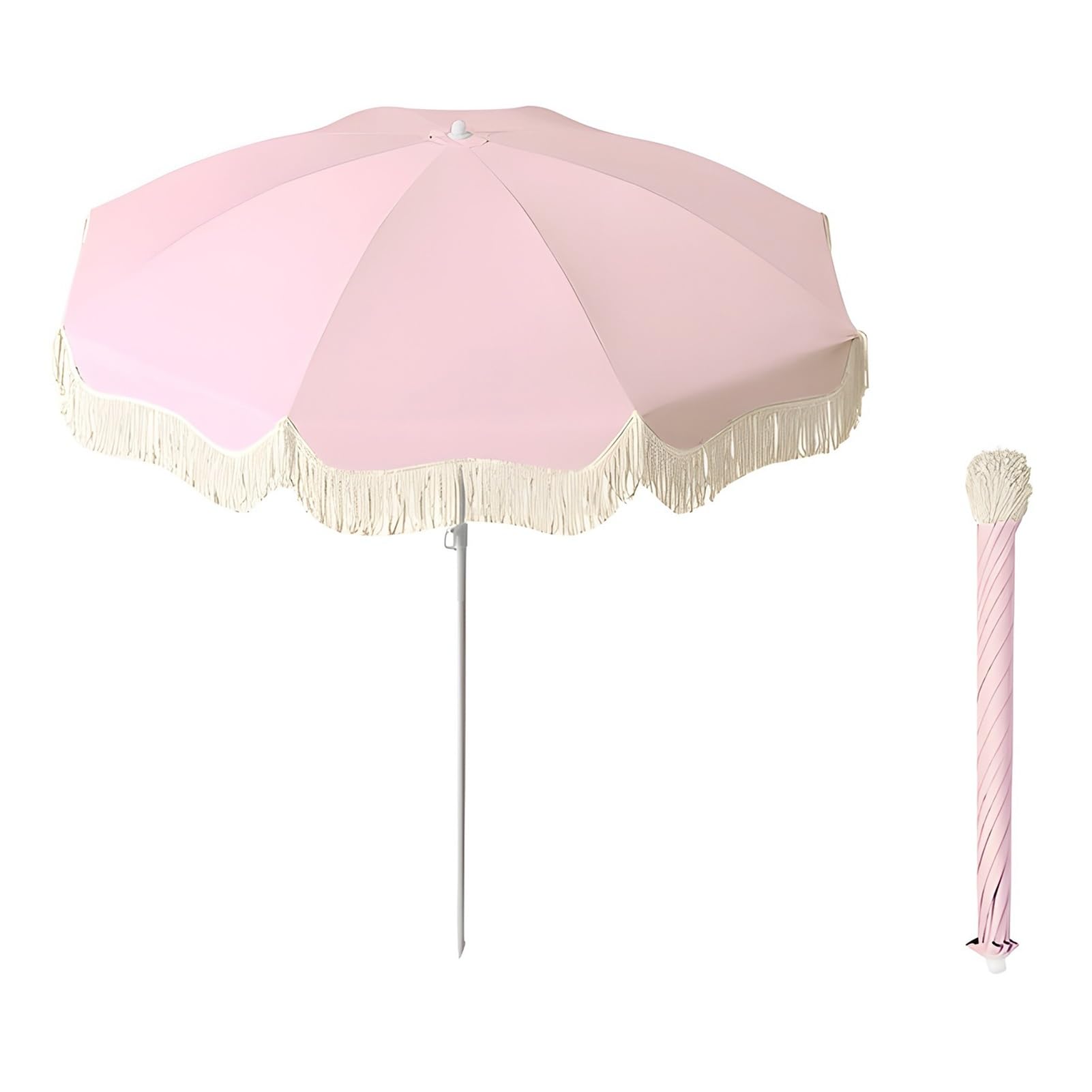 Parasol Ogrodowy Boho z Frędzlami, 180 cm Przenośny Parasol Przeciwsłoneczny z Filtrem UPF 50+ Idealny na Basen, Piknik i Kemping(Pink)