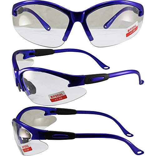 Global Vision Contender - Gafas de seguridad bifocales con marco azul, lente transparente ANSI Z87+ para hombres y mujeres, lector de aumento de 1.0 a 2.5