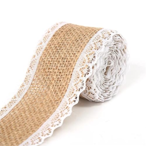 Telas Para Costura Cinta de arpillera de Yute Natural de 1-10 metros con adorno de encaje blanco, lino artesanal for embalaje de decoración del hogar de boda DIY(N0.22 Width 5cm,5Meters)