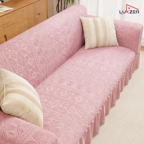 Image of Lukzer 1 Seater Jacquard Sofa Cover with 360 Frill Skirt - Pastel Pink Tribal Pattern | 240 GSM Stretchable Anti-Slip Fully Covered Universal Couch Cover for Living Room (90-140CM /SC-073-01F)