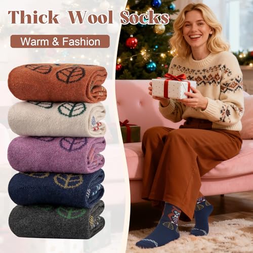 Image of Justay 5 Pairs Womens Wool Socks Thick Warm Winter Socks Casual Cozy Socks Vintage Knit Crew Socks Gift for Women