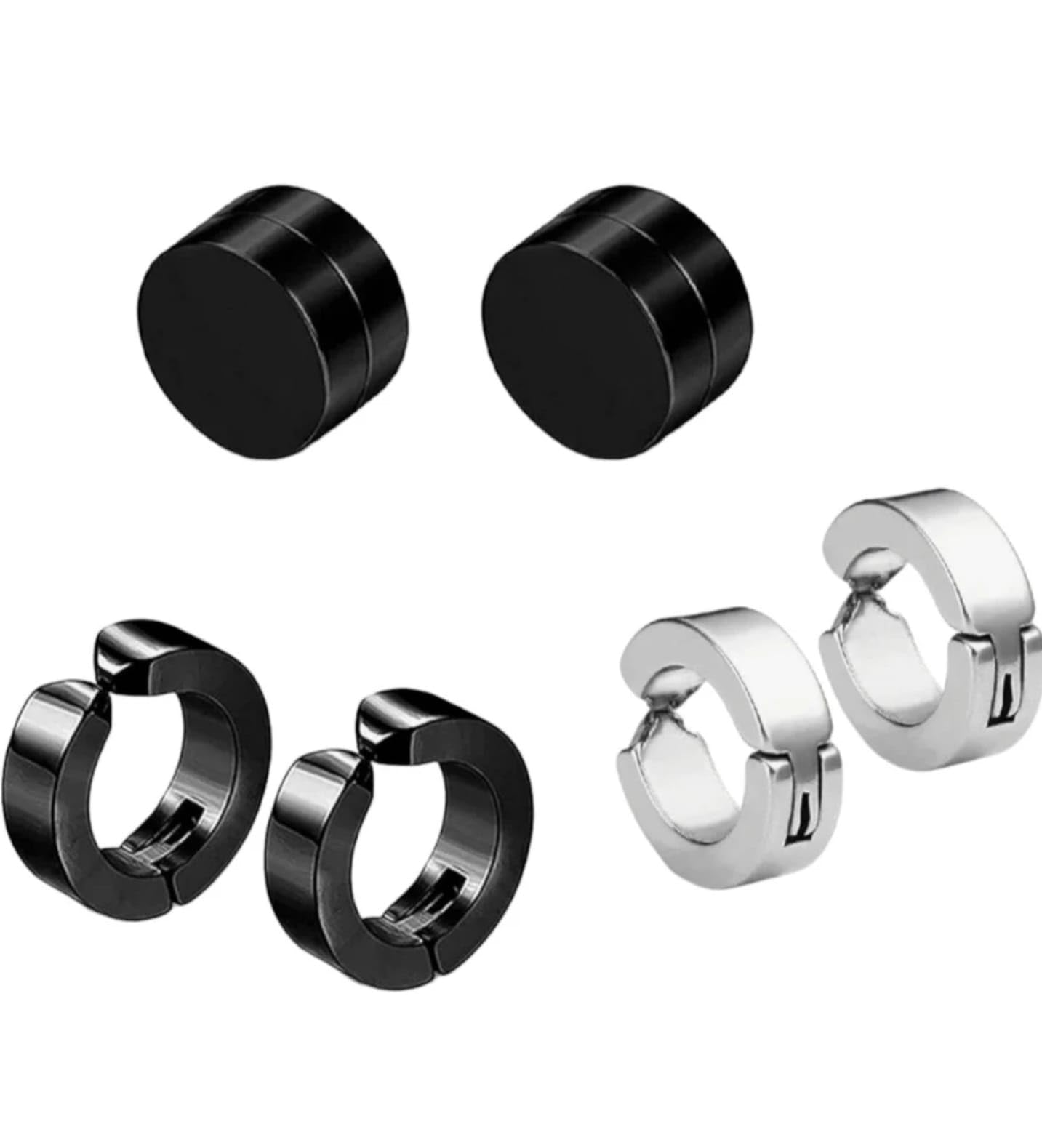 Black Silver Non Piercing Dumbbell Bali Combo For Men Women (3 Sets) Stainless Steel Clip-on Earring, Huggie Earring, Magnetic Earring, Stud Earring, Earring Set