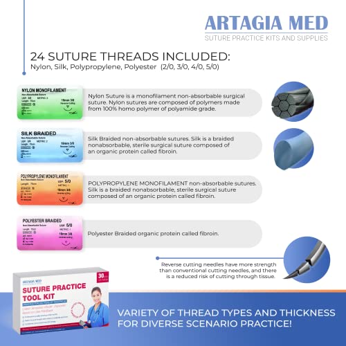 Image of Suture Tool Kit and Threads with Needle | High Grade Stainless Steel Instruments Perfect for Suture Practice | Including Suture Training Video