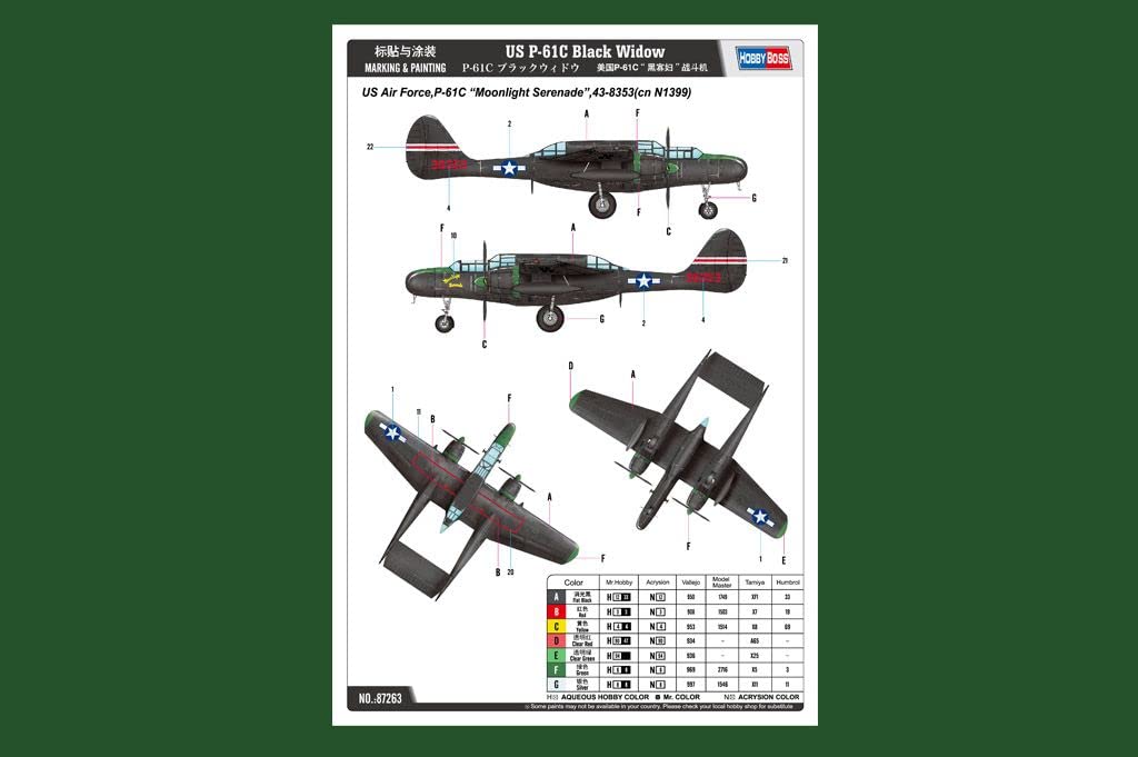 Hobby Boss 087263 1/72 P-61C Black Widow - Modellino di ferrovia in plastica, accessori per modellismo, multicolore