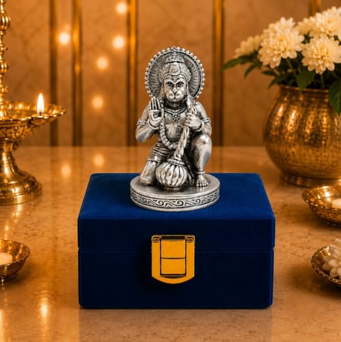Image of Gold Art India Hanuman Idol 999 Silver Plated | 2.8 Inch Antique Matte Bajrangbali Murti with Velvet Gift Box for Home Temple, Office Desk & Car Dashboard