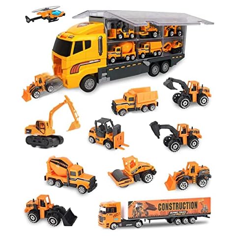 E-SMARTER 11 in 1 Construction Toys, Carrier Transporter Truck Toy for Boys, Mini Car Transporter Toy for Boys, Bulldozer, Excavator, Mixer, Car Toys Christmas Birthday Gifts for Kids Boys Girls 3+ Cover