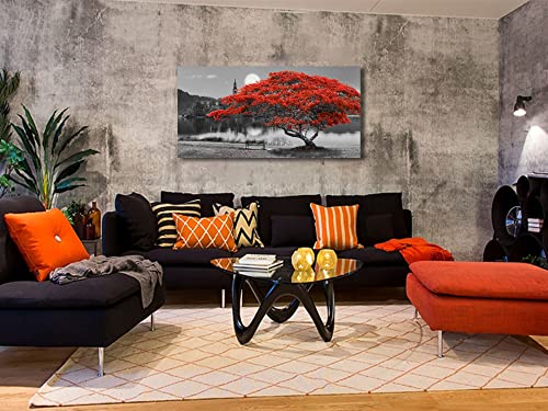Arjun Tree Landscape Wall Art Canvas Tree Lake Moon Painting Red And Black Scenery Picture, Modern Artwork Large Size Framed For Living Room Bedroom Bathroom Home Office Wall Decor, One Panel 48"X24" #TOP1