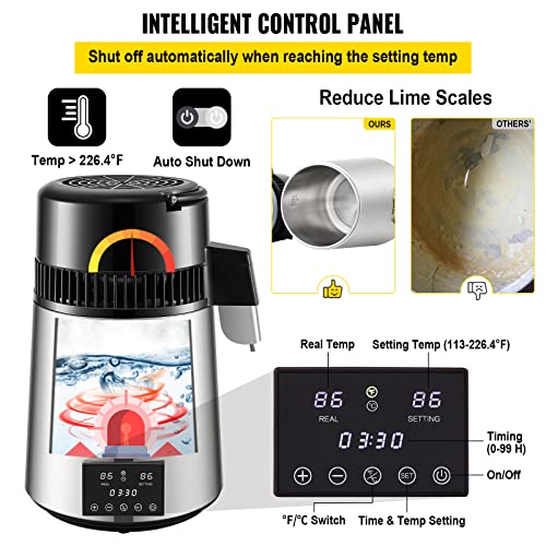 Close-up of the VEVOR water distiller control panel with temperature and time settings