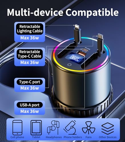 Cargador de coche retráctil USB de 4 puertos y adaptador mechero con RGB 2