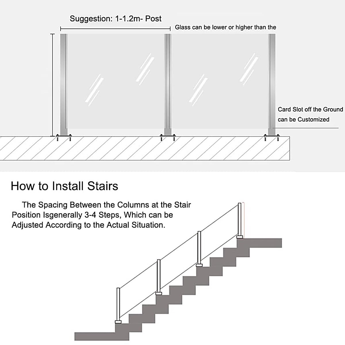 Generisch 304 Edelstahl-Glas-Balustradenpfosten - Poolzaun- und Geländersystem für Treppen, Balkone, Terrassen, Patios - 60-150 cm verstellbare Höhe, silberner Endpfosten (80 cm/31,5 Zoll)