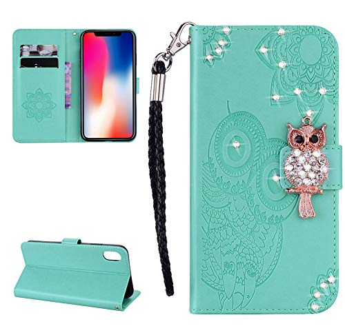 Mrsterus Case For Iphone Xr Case Bling Diamond Owl Embossed Flip Wallet Case Pu Leather For Women Girls With Card Slots Stand Cover For Iphone Xr Owl Green Yk #TOP1