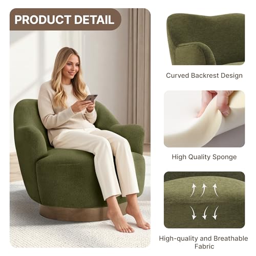 Image of KISLOT, Swivel Accent Chair, Modern Arm Chair with Wooden Base, Green | Upholstered Barrel Chair with Curves Camel Back Design, Living Room Bedroom Reading Waitingroom