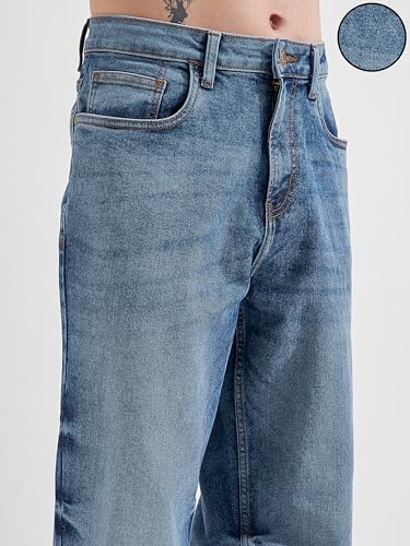 Image of Highlander Men Men's Premium Loose Straight Fit Mid-Rise Cotton Lycra Jeans - Button Closure, Machine Washable, Comfortable All-Day Wear for Casual & Semi-Formal Occasions